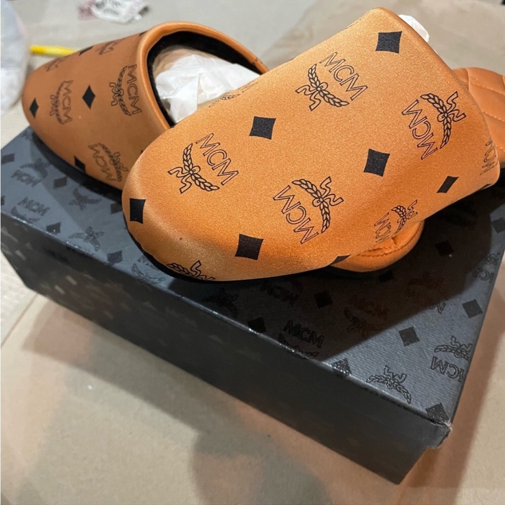 MCM Tan Logo-Print Slip-On  Slippers